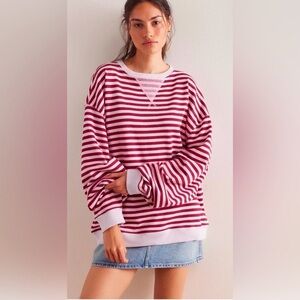 NWT FREE PEOPLE We The Free Classic Striped Oversized Crew in Raspberry Combo